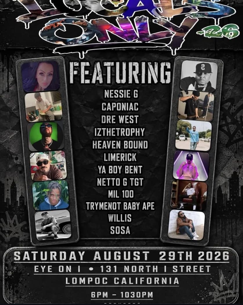 Locals Only 26 flyer — twelve-artist local lineup including WiLLiS at Eye on I in Lompoc, Saturday August 29, 2026.